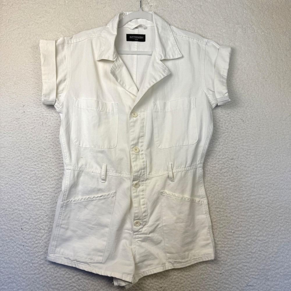 Kittenish Romper‎ Womens Small White Short Sleeve Cotton Utility Chic Urban